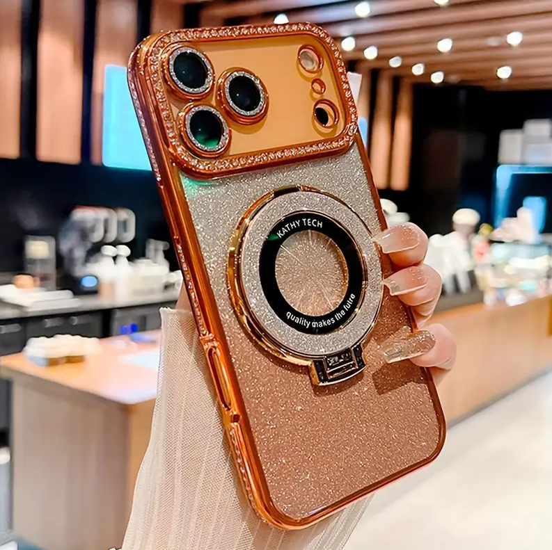 Luxury Bling Glitter Camera Rhinestone Ring Holder Gradient Sequins Plating Phone Case for iPhone