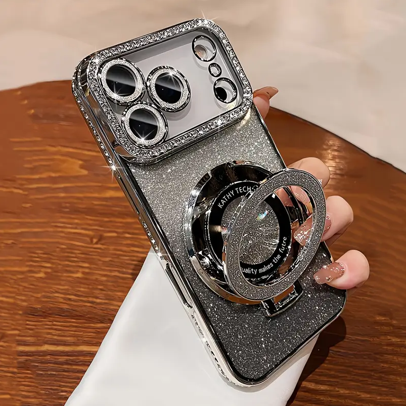 Luxury Bling Glitter Camera Rhinestone Ring Holder Gradient Sequins Plating Phone Case for iPhone