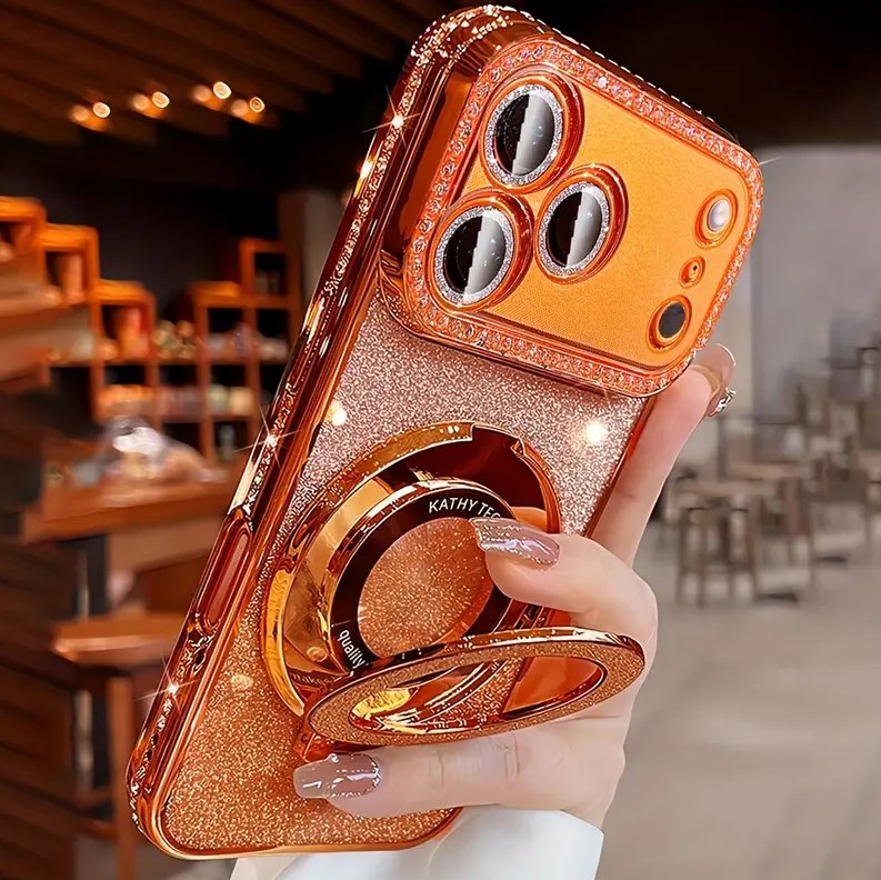 Luxury Bling Glitter Camera Rhinestone Ring Holder Gradient Sequins Plating Phone Case for iPhone