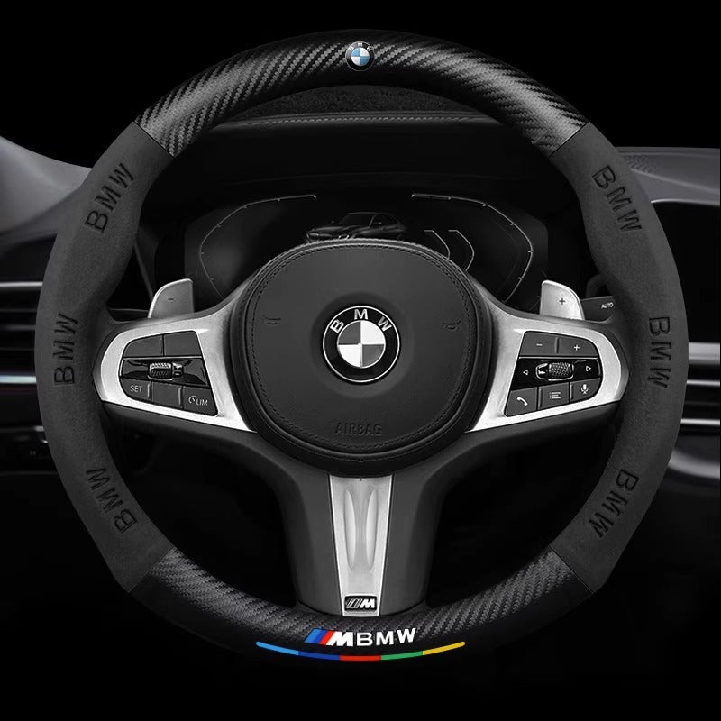 Customized carbon fiber suede steering wheel cover with car logo